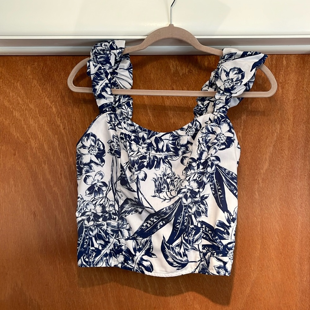 Abercrombie Blue and White Ruffle Sleeve Top, Size S